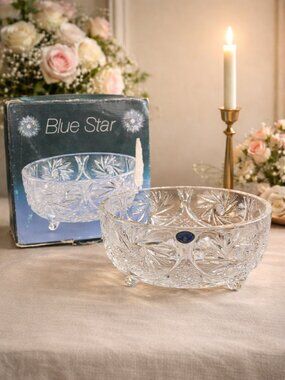 Vintage Bohemian Cut Crystal Bowl, Blue Star Footed Pinwheel Glass Serving Dish